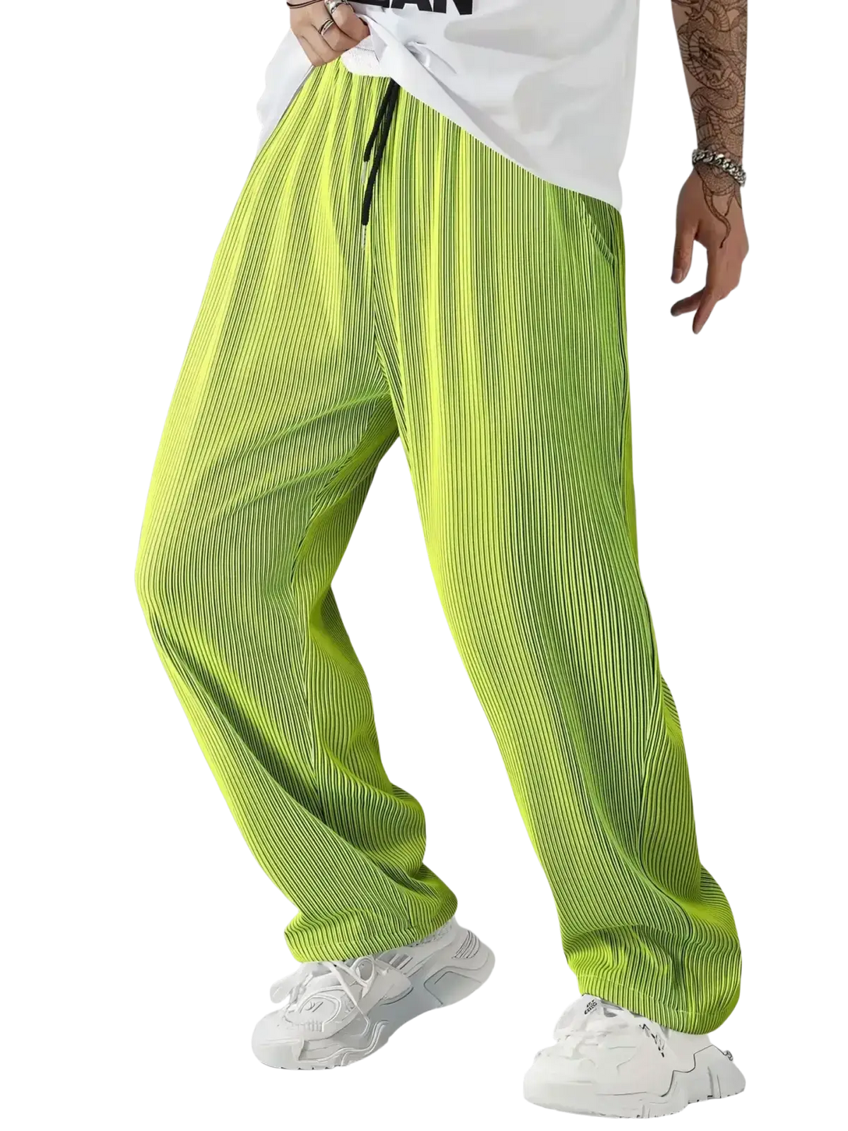 Vibrant lime green corduroy men casual streetwear pants with pleated relaxed tapered fit and black drawstring waistband