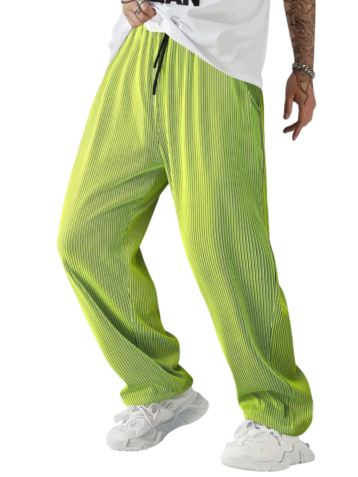 Men casual streetwear corduroy pants in vibrant lime green with pleated tapered fit and black drawstring waistband