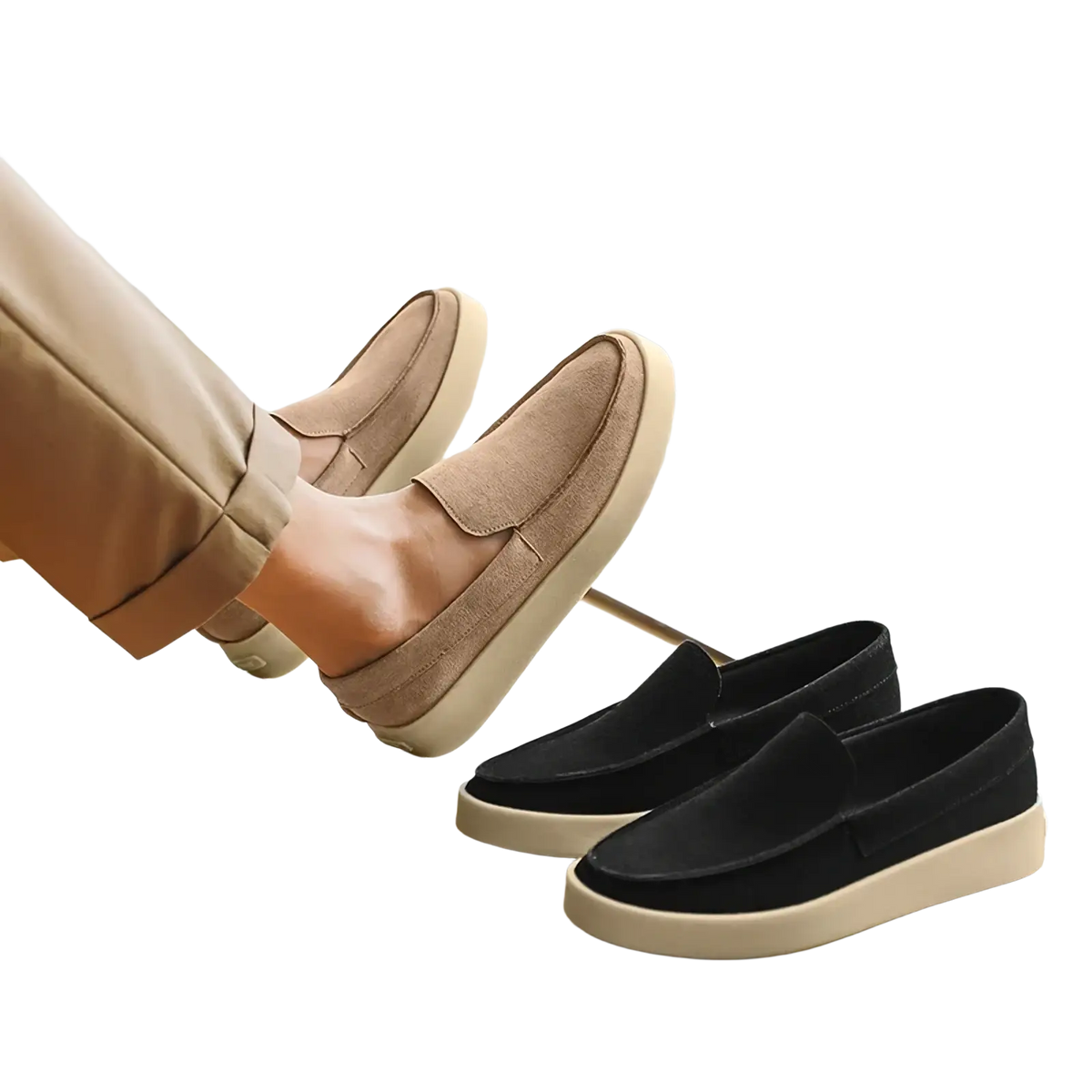 Beige and black suede slip-on loafers with cream rubber soles men’s casual suede loafers for walking