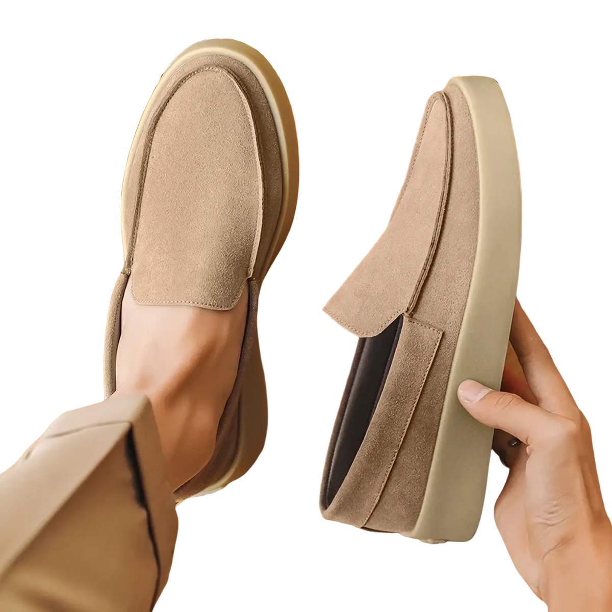 Men casual suede loafers slip on walking shoes in beige with light beige rubber sole and subtle stitching details