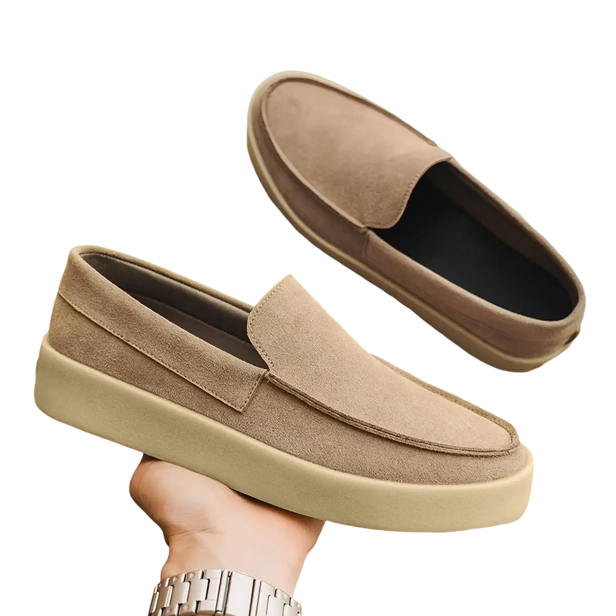 Beige suede slip-on men casual loafers with thick off-white rubber sole for walking and everyday wear
