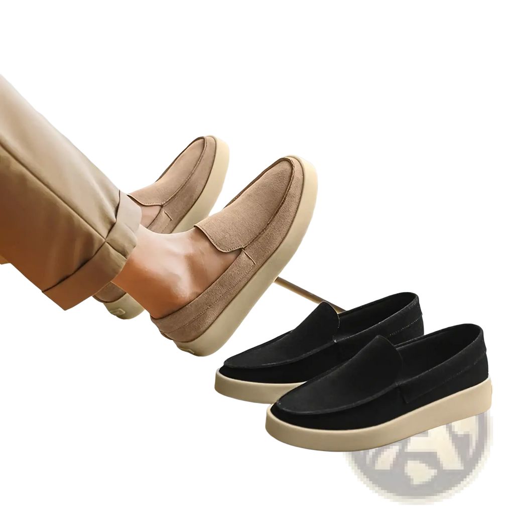Beige and black suede slip-on loafers with cream rubber soles men’s casual suede loafers for walking
