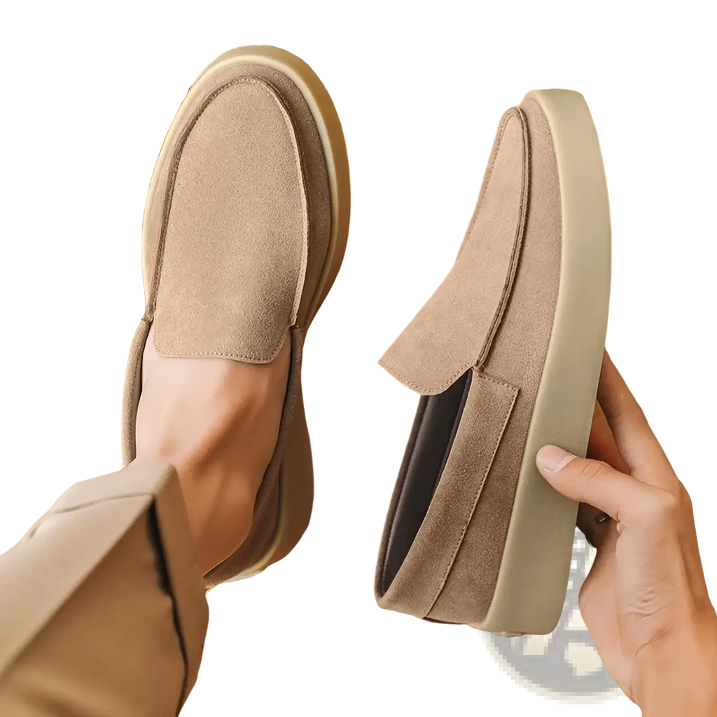 Men casual suede loafers slip on walking shoes in beige with light beige rubber sole and subtle stitching details
