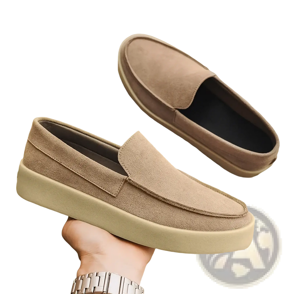 Beige suede slip-on men casual loafers with thick off-white rubber sole for walking and everyday wear