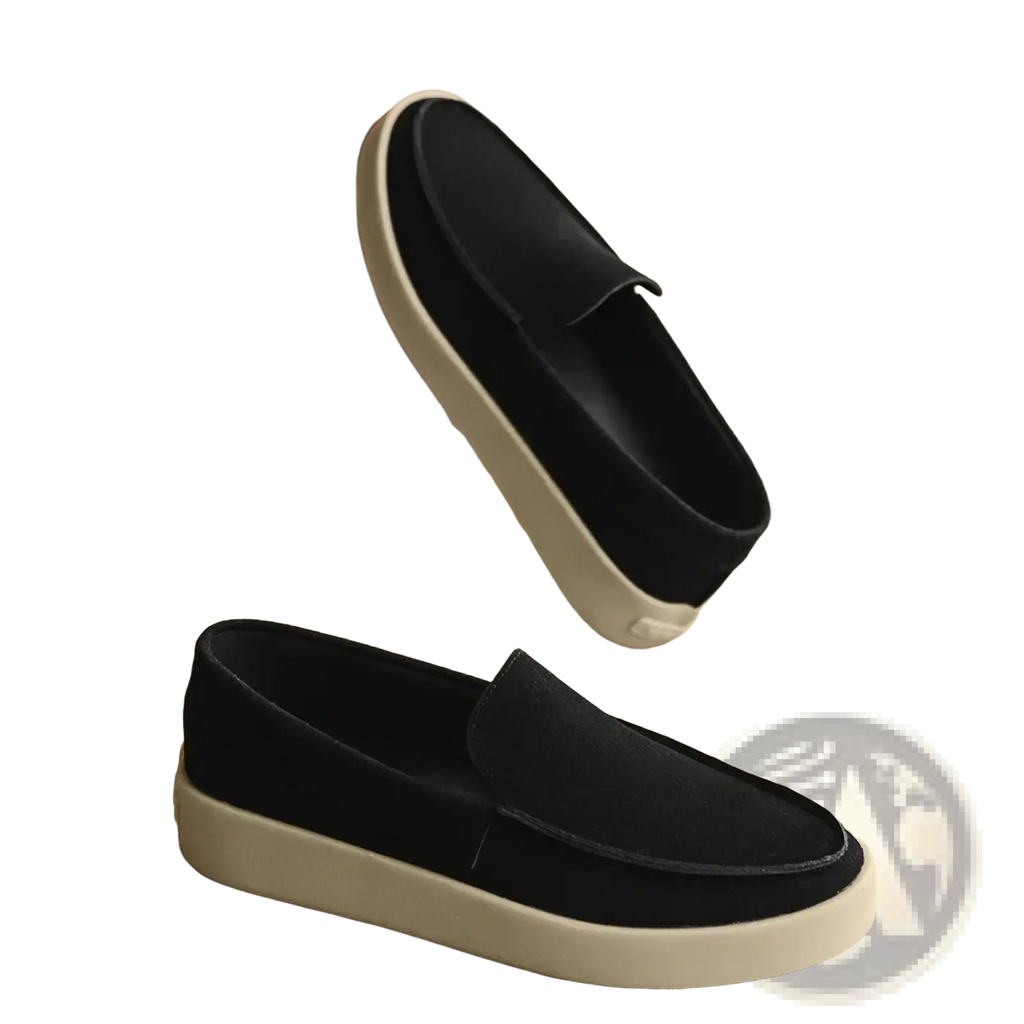 Men casual suede loafers in black with white rubber sole designed for slip on walking shoes