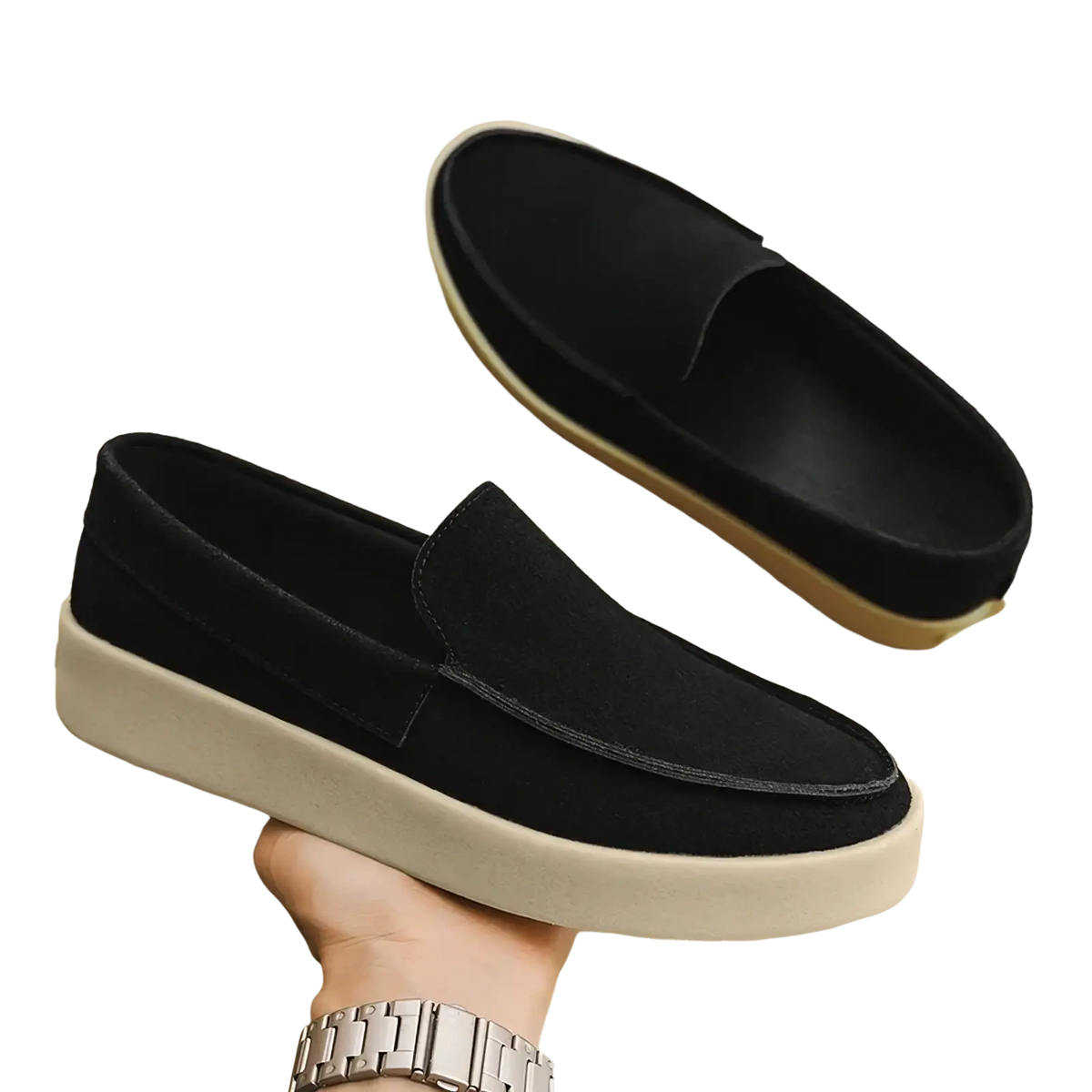 Men casual suede loafers slip on walking shoes in black with thick off-white rubber sole for everyday wear