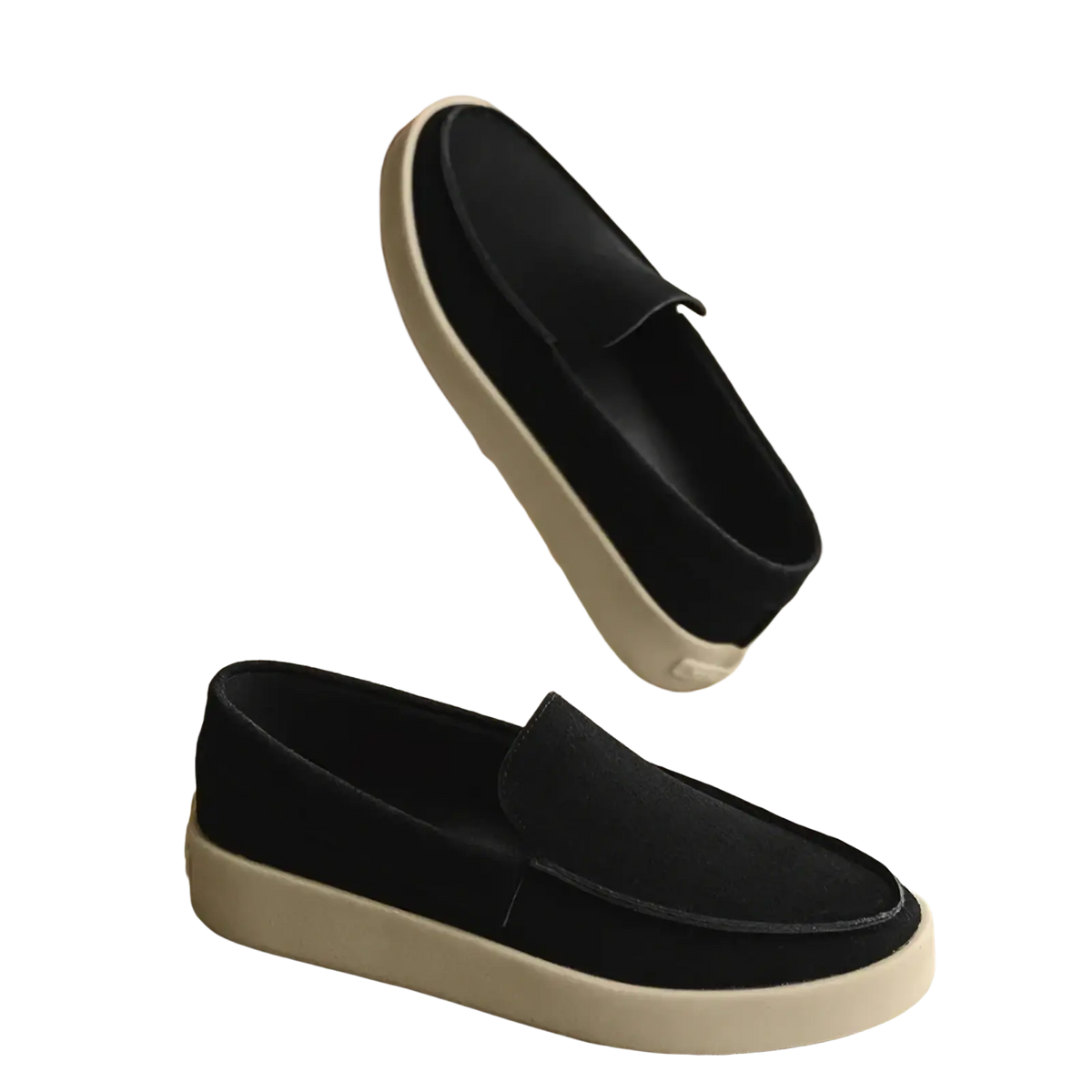 Men casual suede loafers in black with white rubber sole designed for slip on walking shoes