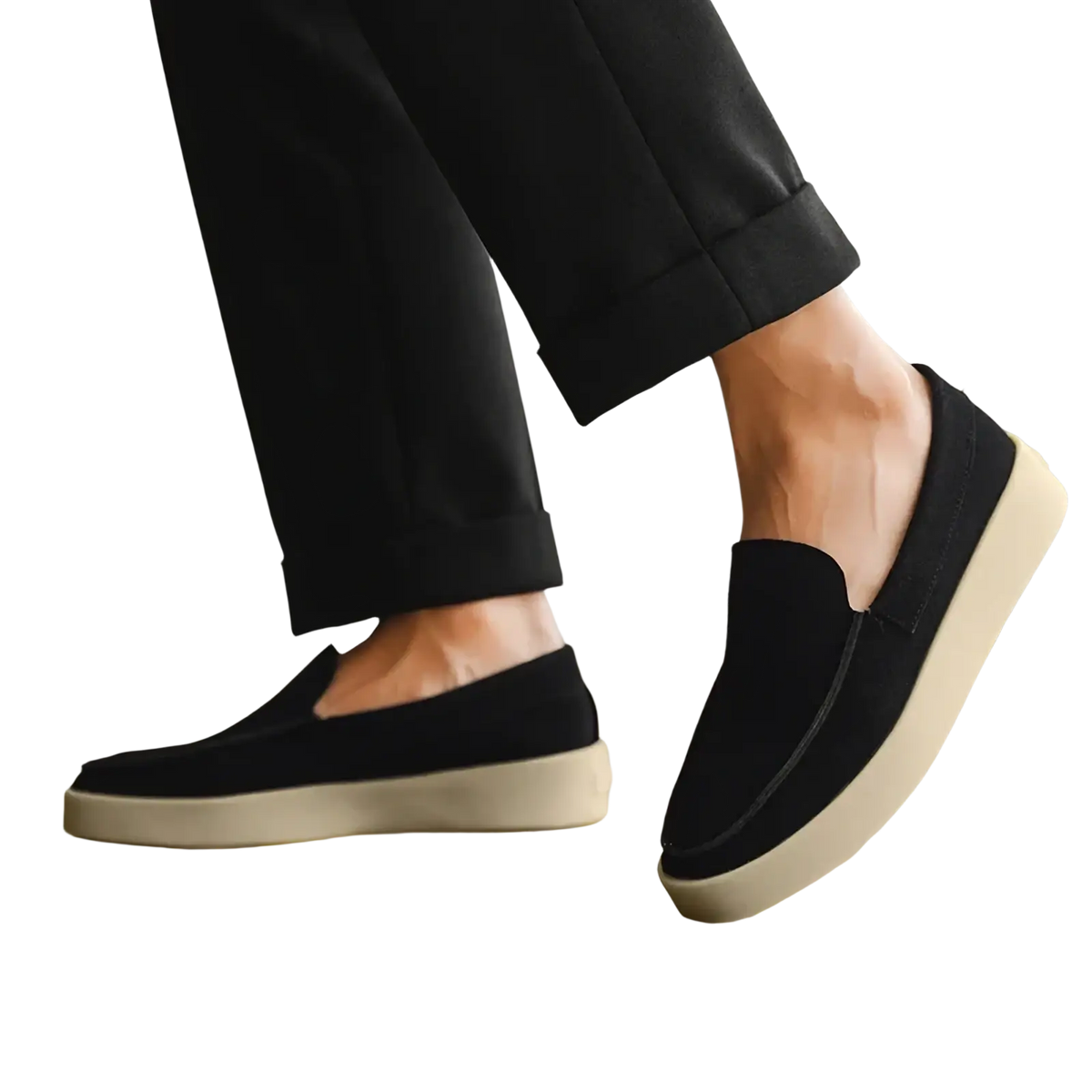 Black suede slip-on loafers with a thick off-white rubber sole designed for men casual walking shoes