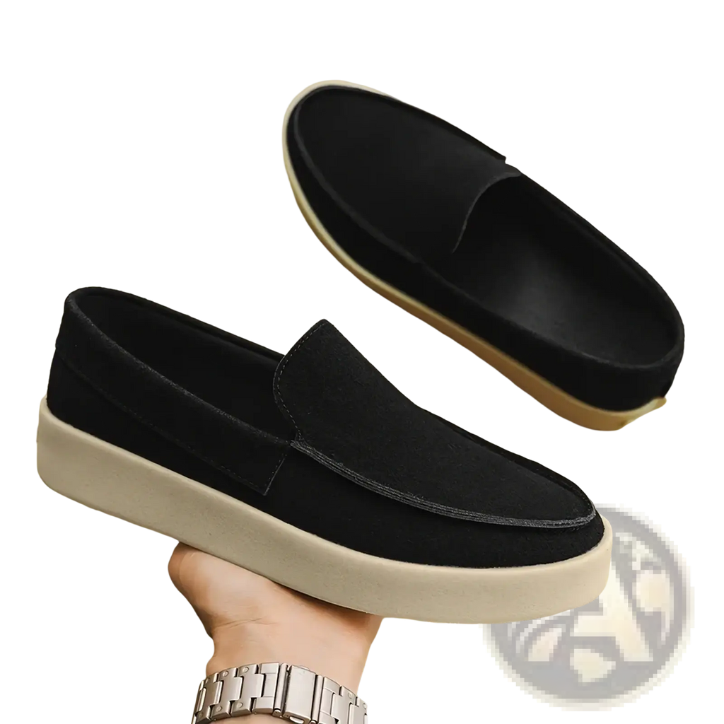 Men casual suede loafers slip on walking shoes in black with thick off-white rubber sole for everyday wear