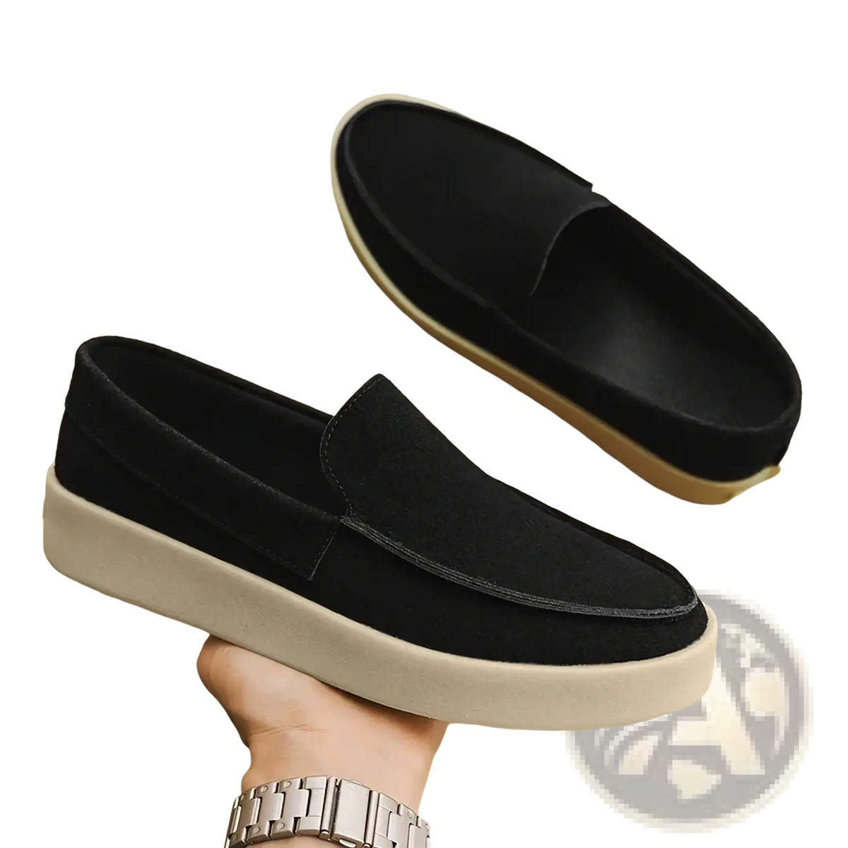 Men casual suede loafers slip on walking shoes in black with thick off-white rubber sole for everyday wear
