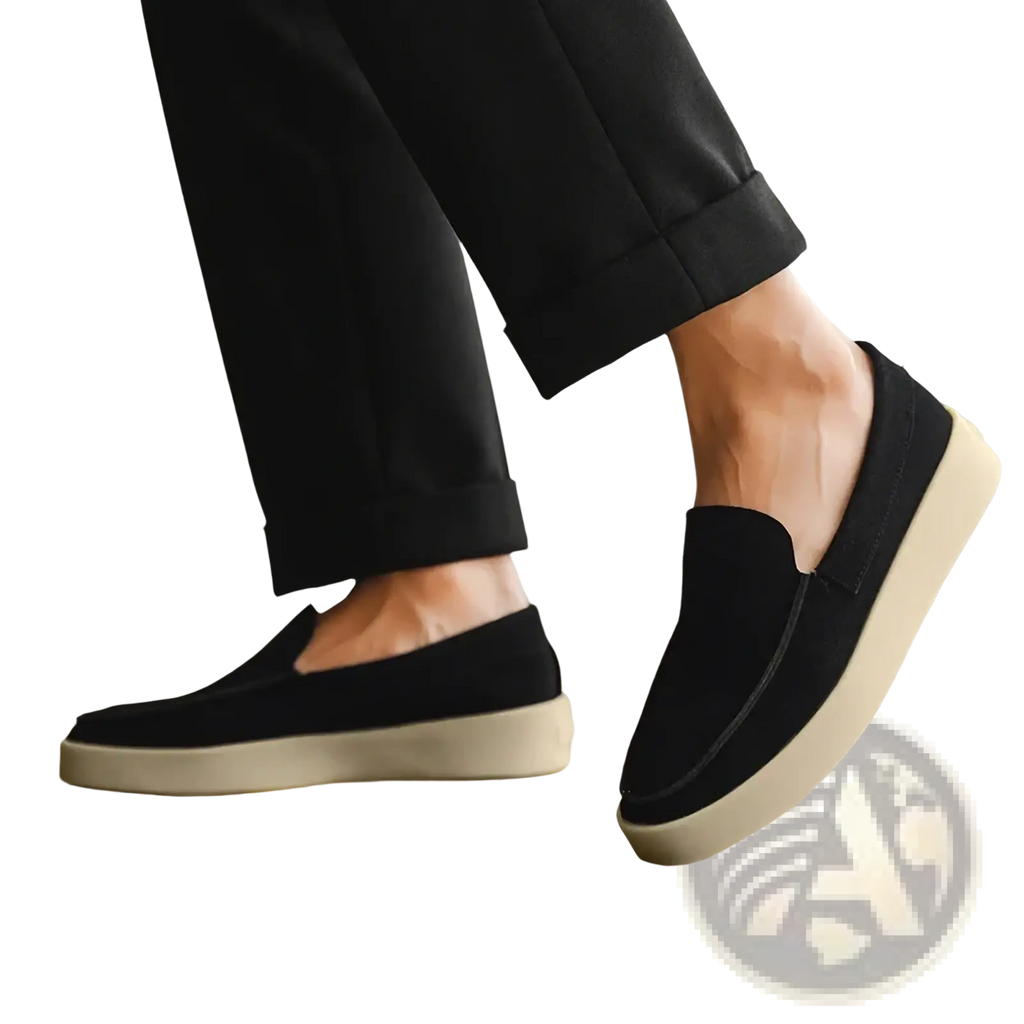 Black suede slip-on loafers with a thick off-white rubber sole designed for men casual walking shoes