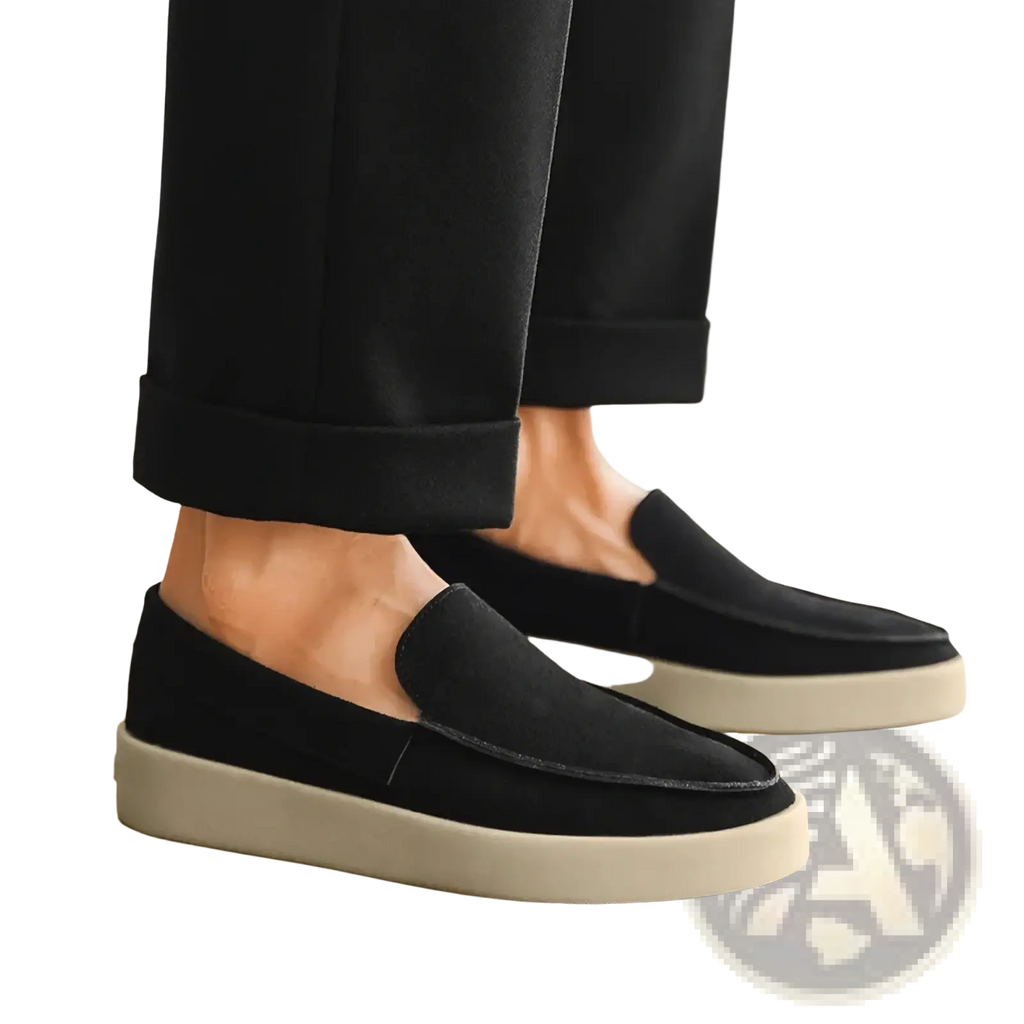 Black suede loafers with a thick off-white rubber sole slip on walking shoes for men casual wear