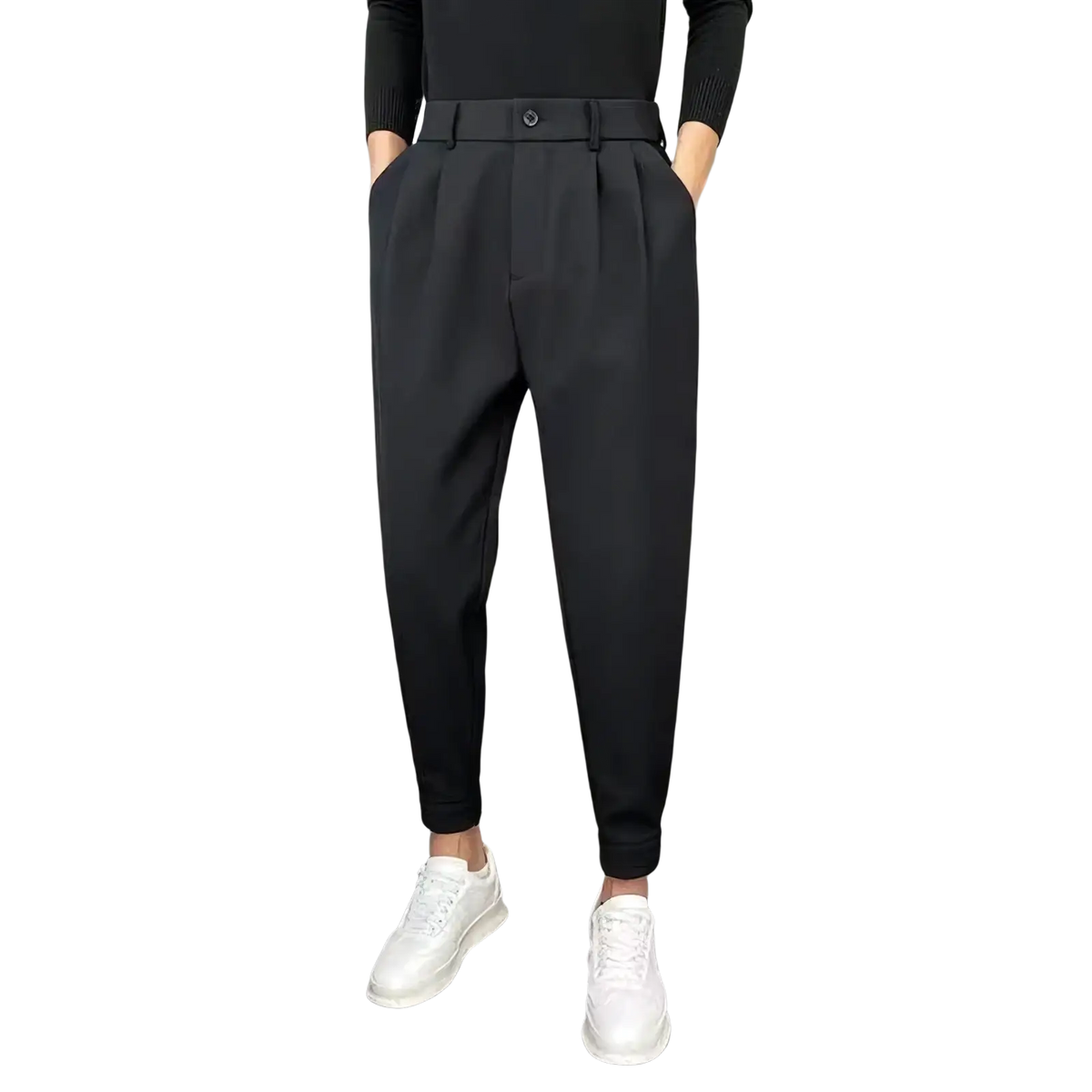 Men casual suit trousers black tapered with sleek modern cut and subtle pleats at the waistband for a sharp look