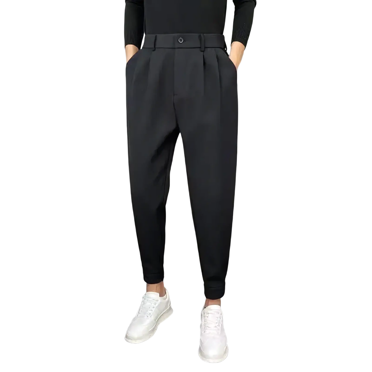 Men casual suit trousers cropped pants in black with a modern tapered cut and subtle pleats at the waistband