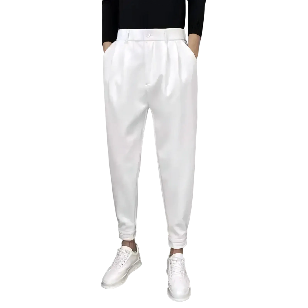 Men casual suit trousers cropped pants in white pleated slim fit with cuffed hems for a stylish look