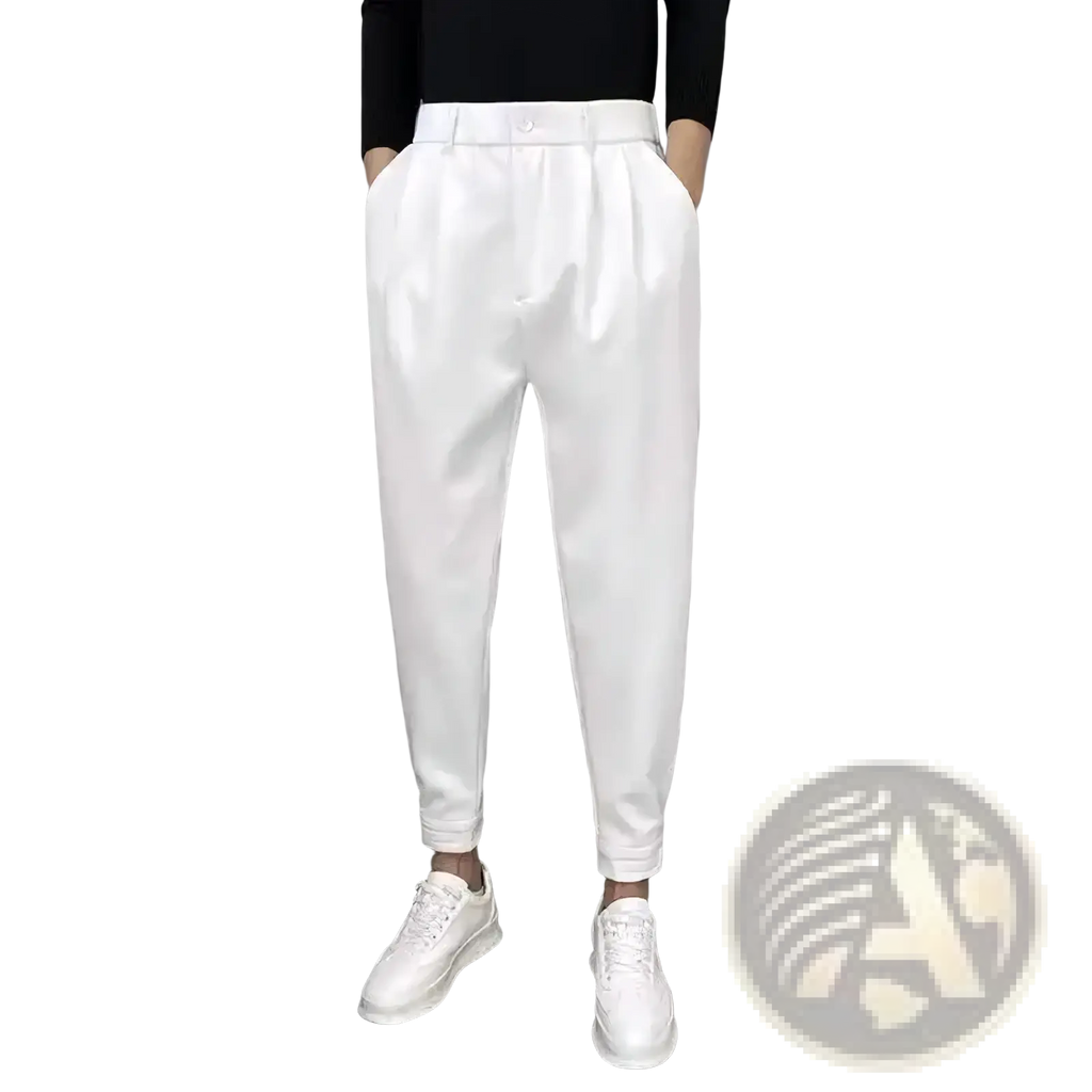 Men casual suit trousers cropped pants in white pleated slim fit with cuffed hems for a stylish look