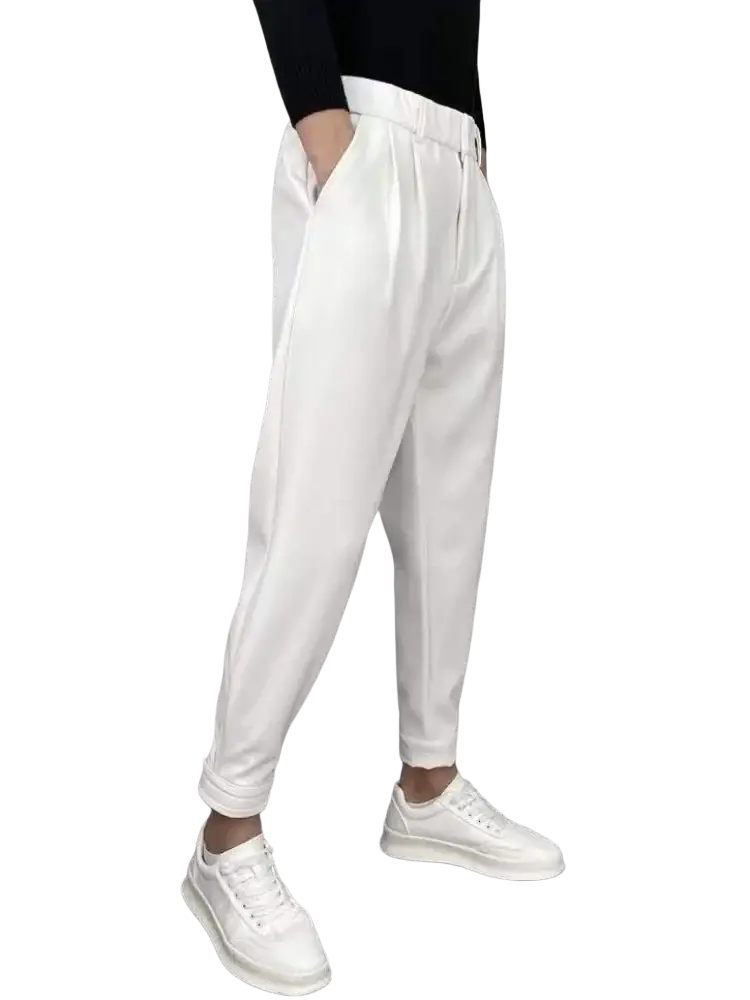 Men casual suit trousers in white tapered relaxed fit with subtle pleats at the waist cropped pants