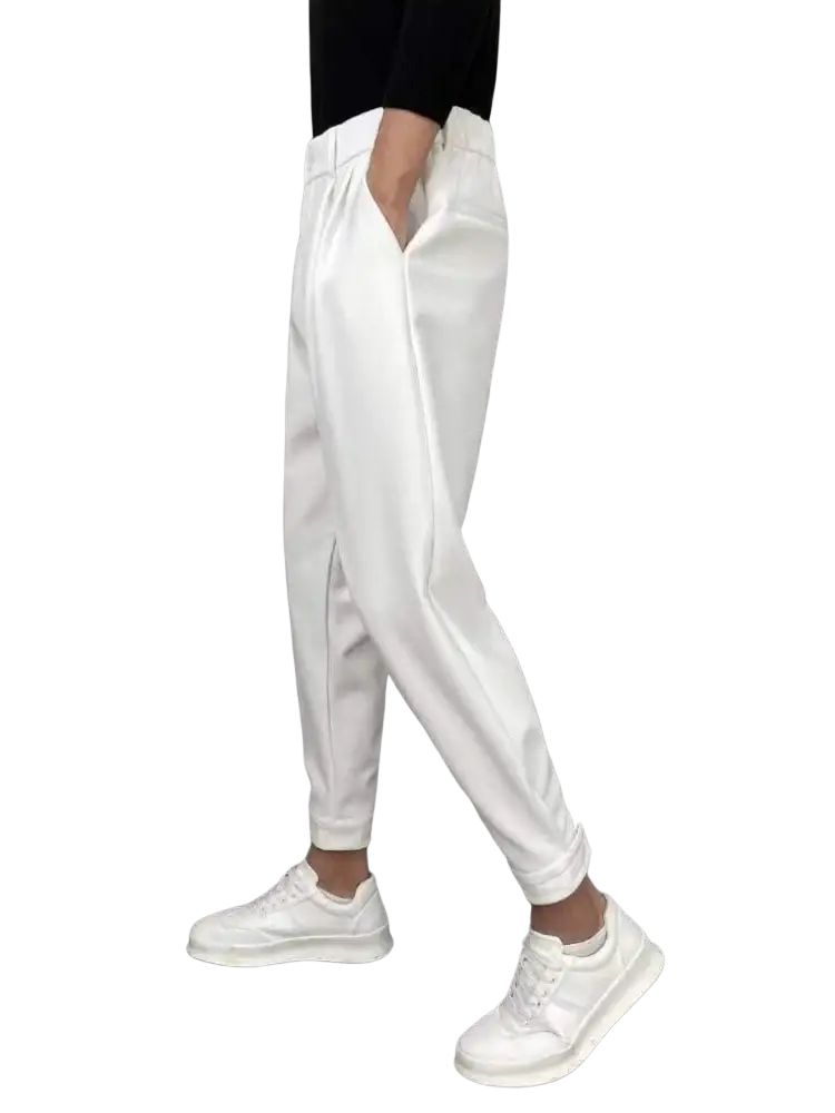 White tapered jogger pants with a relaxed fit and elastic waistband for men casual suit trousers cropped pants
