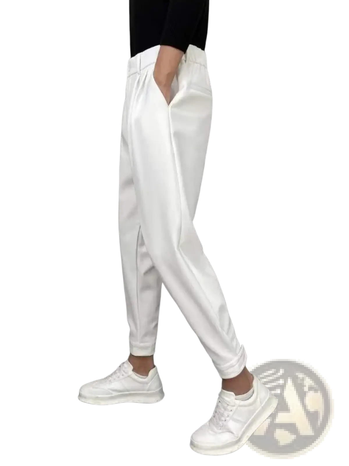 White tapered jogger pants with a relaxed fit and elastic waistband for men casual suit trousers cropped pants
