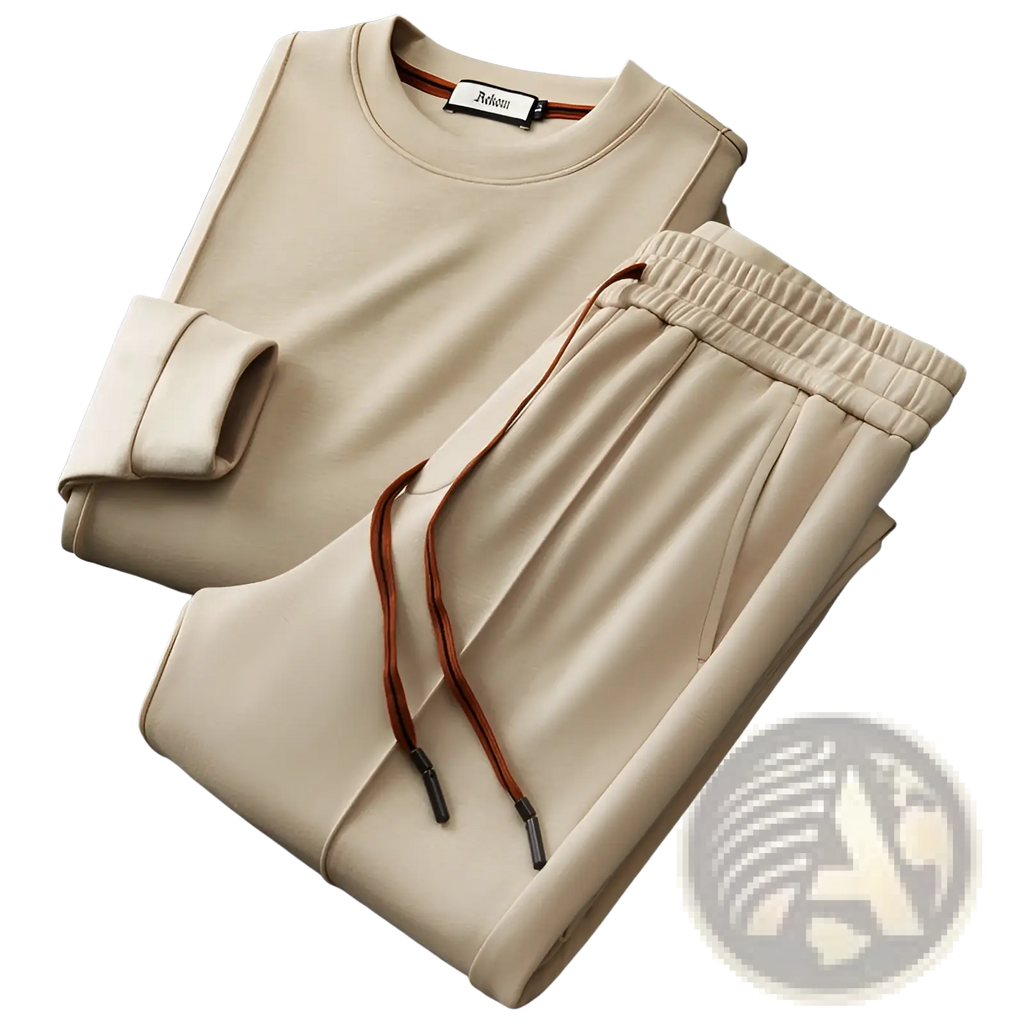Men casual sweatshirt and joggers set in beige with contrasting brown drawstrings for comfortable everyday wear
