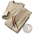Men casual sweatshirt and joggers set in beige with contrasting brown drawstrings for comfortable everyday wear
