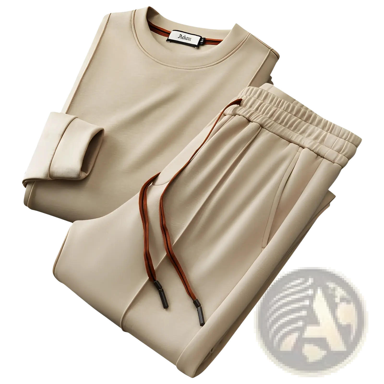 Beige cotton men casual sweatshirt and joggers set with ribbed collar and contrasting brown drawstrings on waistband