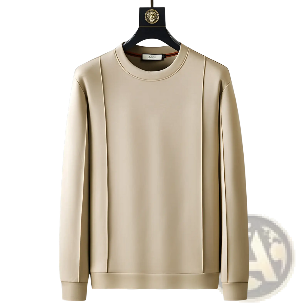 Beige crewneck sweatshirt with subtle vertical seam detailing in men casual sweatshirt and joggers set
