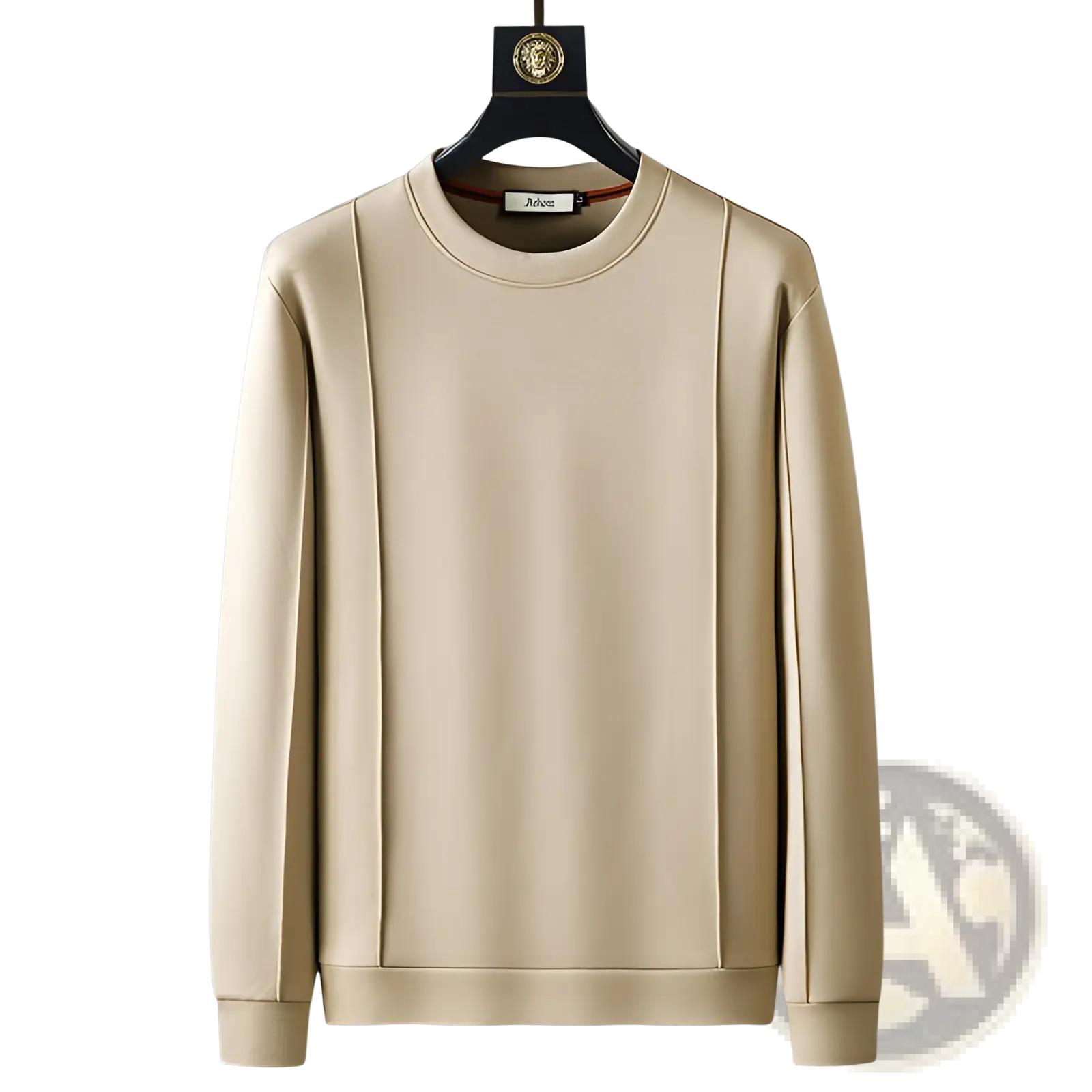 Beige crewneck sweatshirt with subtle vertical seam detailing in men casual sweatshirt and joggers set