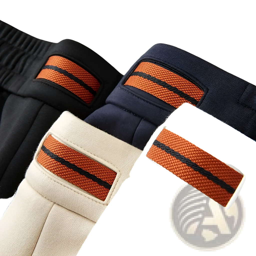 Men casual sweatshirt and joggers set featuring black navy beige and white sweatpants with orange textured stripe on waistband