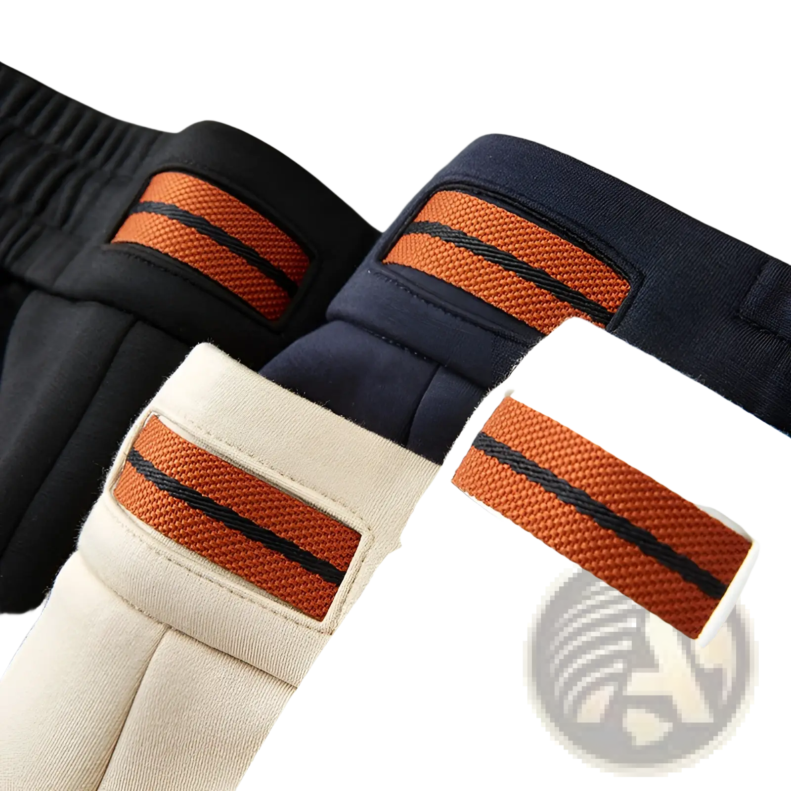 Men casual sweatshirt and joggers set featuring black navy beige and white sweatpants with orange textured stripe on waistband