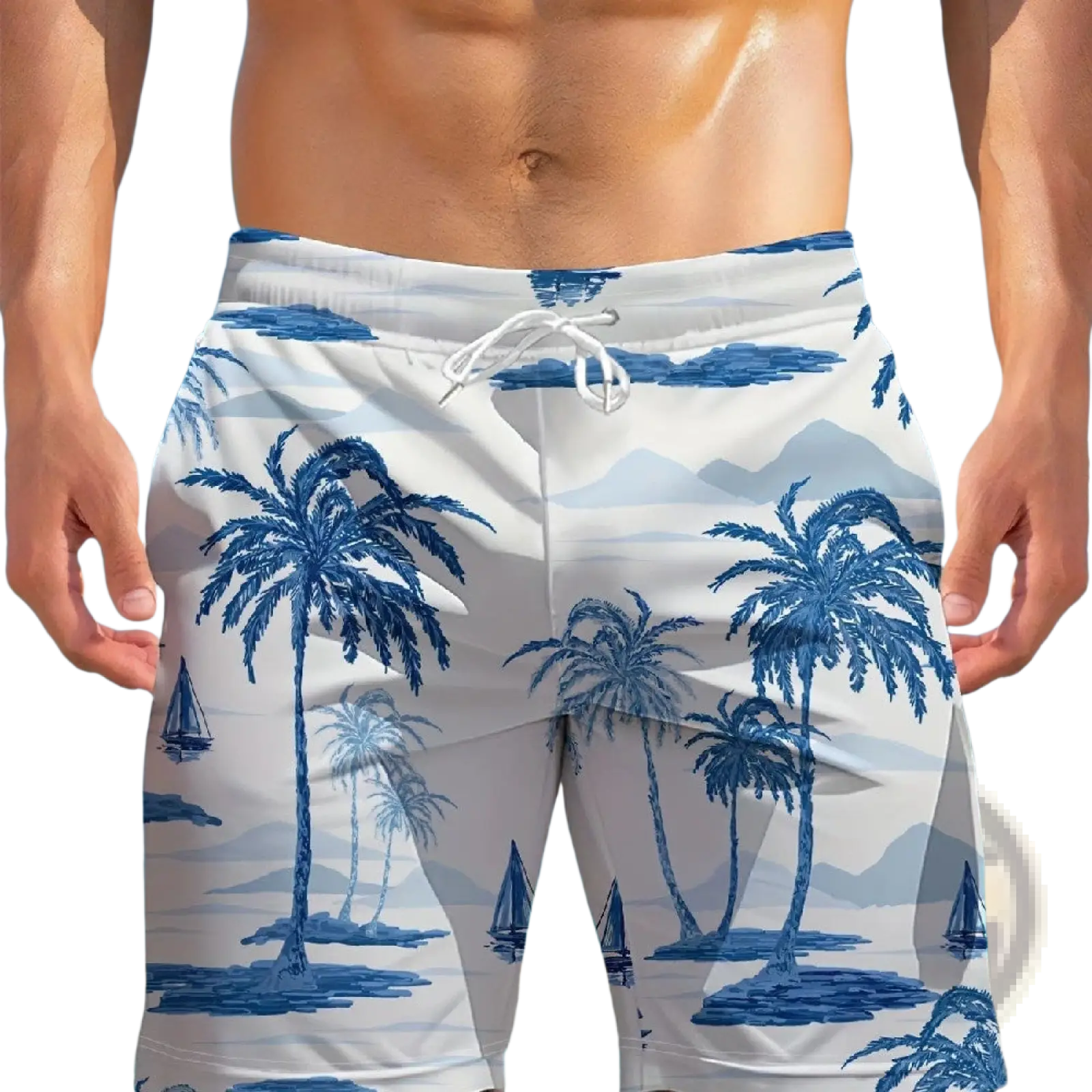 Men casual swim trunks in white with a blue gradient tropical print of palm trees sailboats and islands