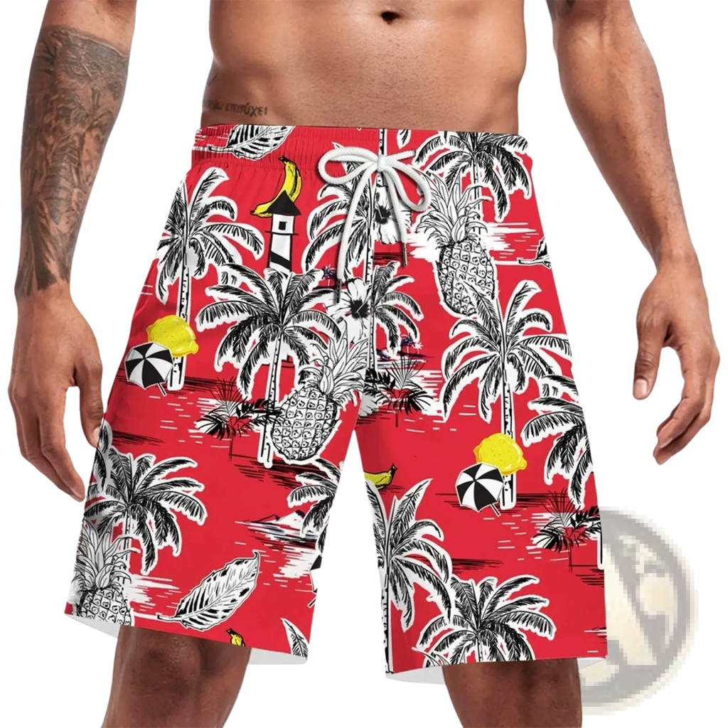 Men casual swim trunks in red featuring black and white palm trees pineapples lighthouse and yellow umbrellas