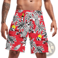 Men casual swim trunks in red featuring black and white palm trees pineapples lighthouse and yellow umbrellas