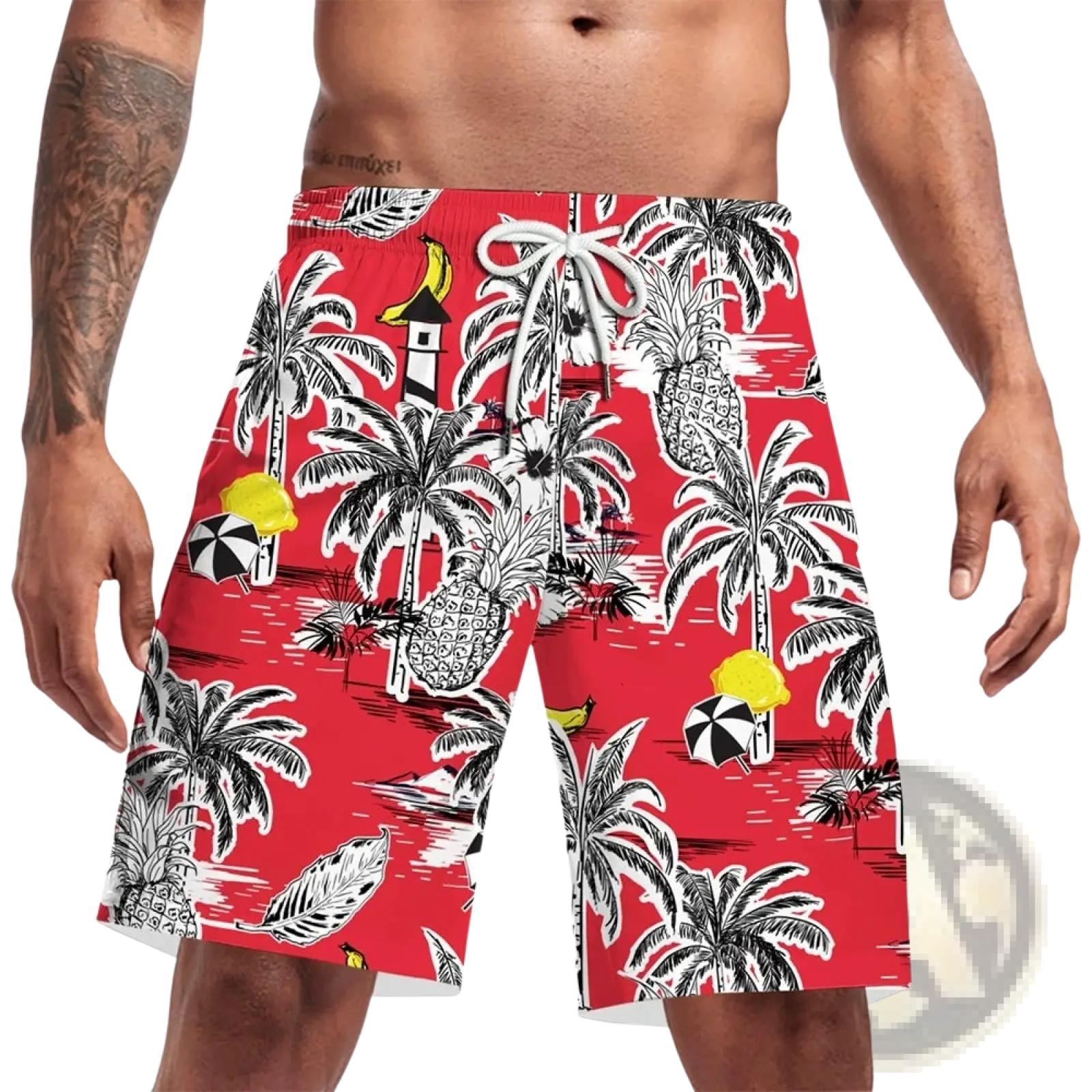 Men casual swim trunks in red featuring black and white palm trees pineapples lighthouse and yellow umbrellas
