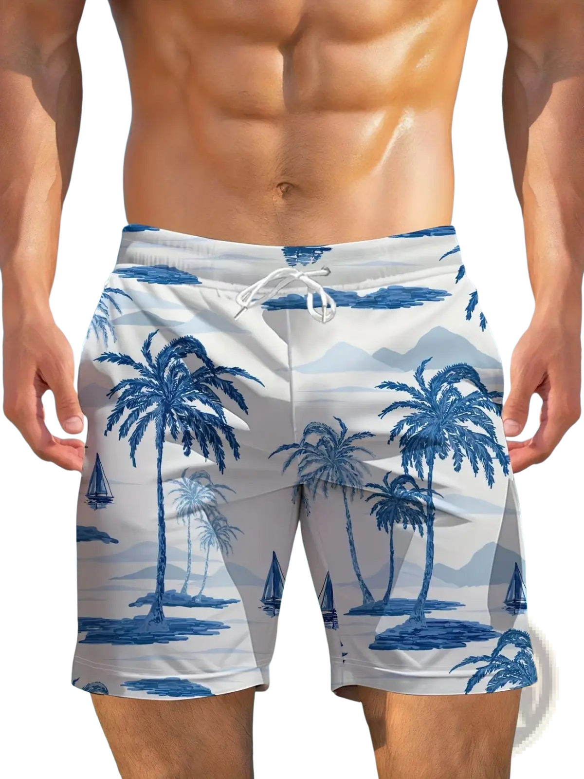 Men casual swim trunks in white with blue tropical palm tree and sailboat pattern for beachwear and boardshorts