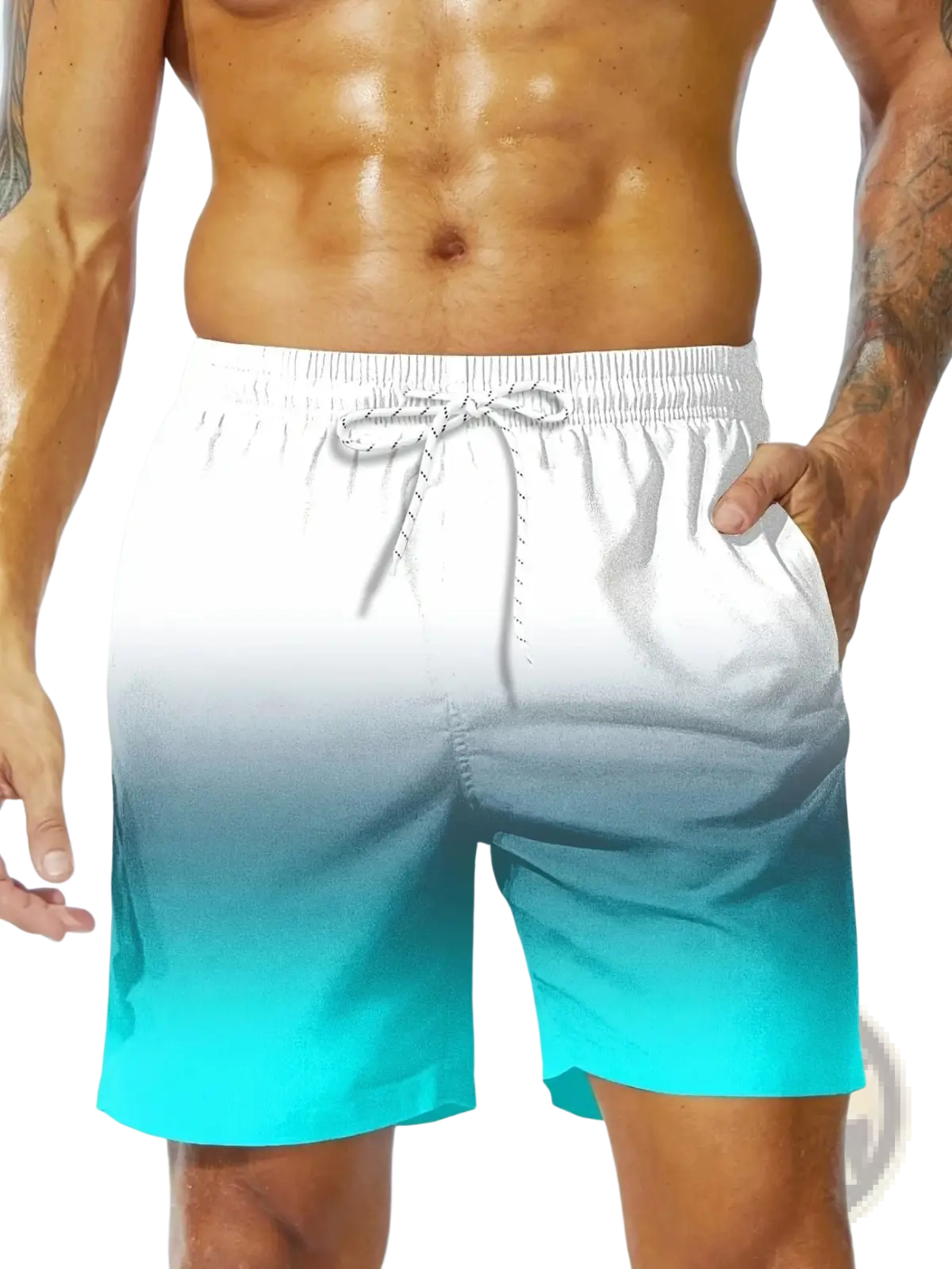Men casual swim trunks with white and teal gradient and drawstring waistband for tropical beachwear