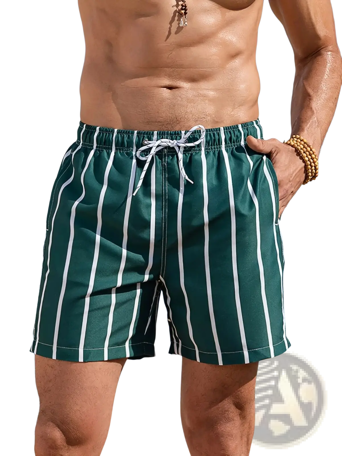 Men casual swim trunks featuring green and white vertical stripes with a drawstring waistband for tropical use