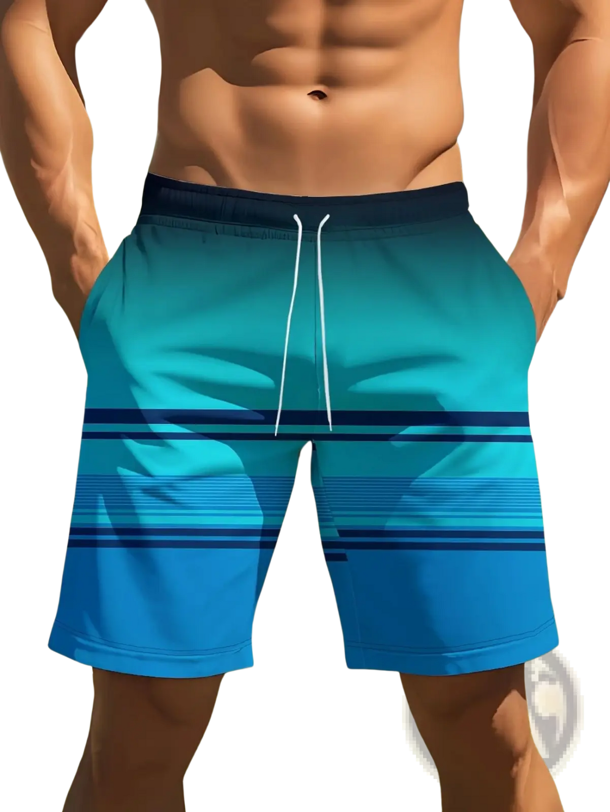 Men casual swim trunks with blue gradient and navy stripes featuring white drawstrings for tropical boardshort use
