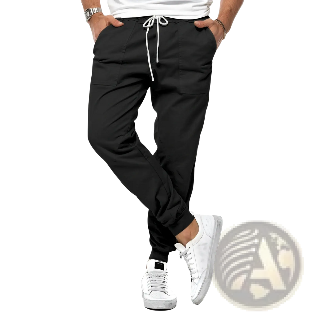 Men casual tapered joggers in black featuring a relaxed fit with drawstring waist and elastic cuffs