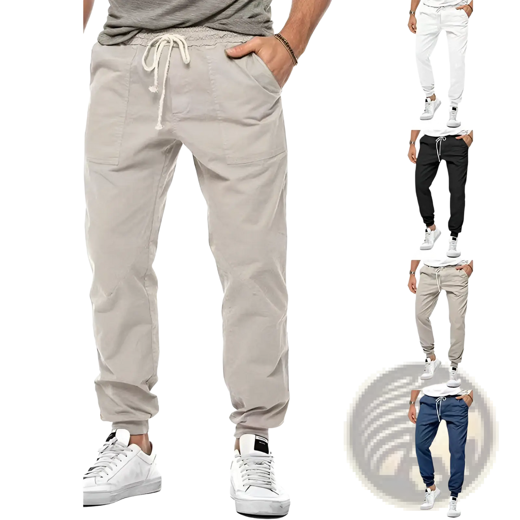 Men casual tapered joggers in beige with drawstring waist, side pockets, and cuffed ankles for comfortable wear