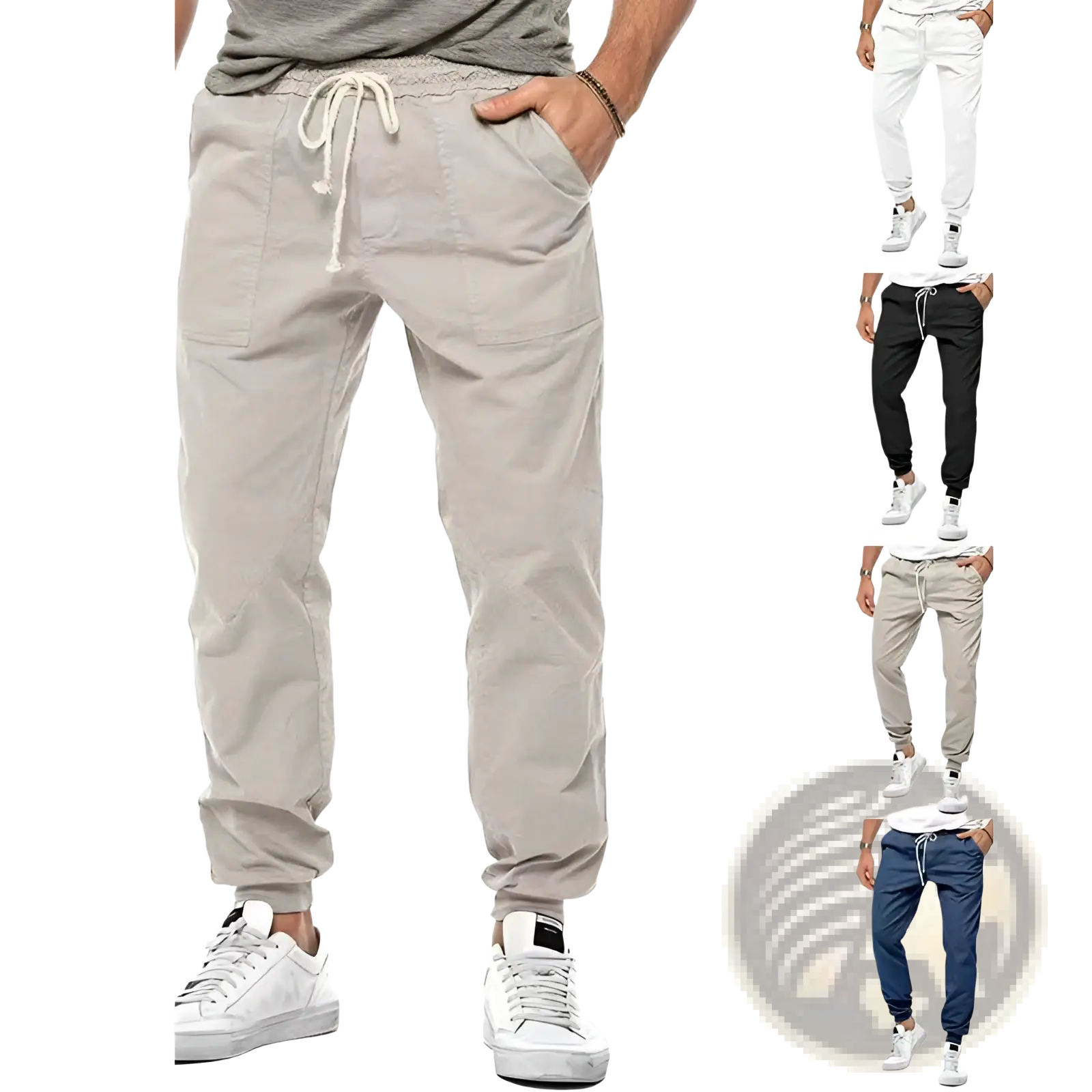 Men casual tapered joggers in beige with drawstring waist, side pockets, and cuffed ankles for comfortable wear