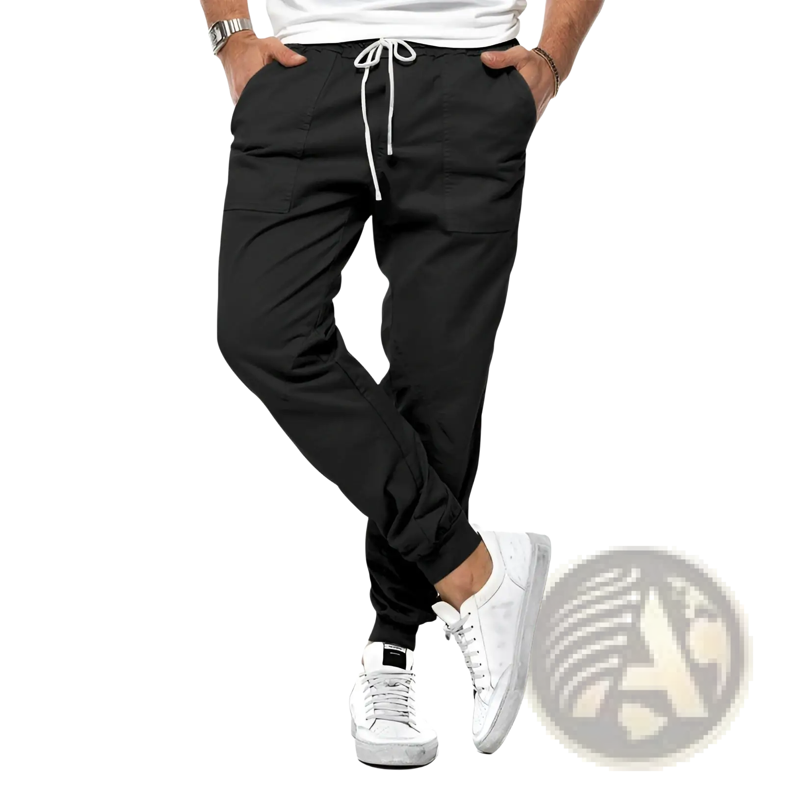 Men casual tapered joggers in black with a relaxed fit drawstring waist and elastic cuffs for comfortable wear