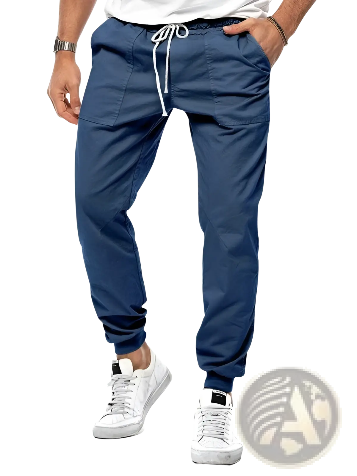 Men casual tapered joggers in navy blue with drawstring waist, side pockets, and cuffed ankles for comfort