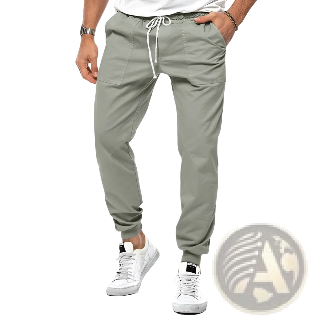 Men casual tapered joggers in olive green featuring drawstring waist, side pockets, and cuffed ankles for comfort
