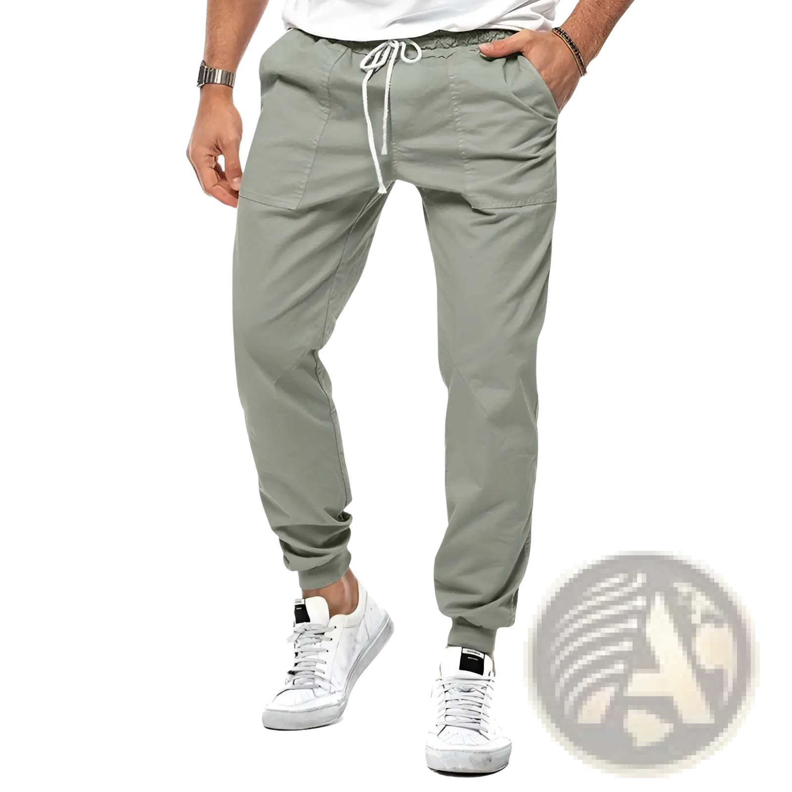 Men casual tapered joggers in olive green featuring drawstring waist, side pockets, and cuffed ankles for comfort