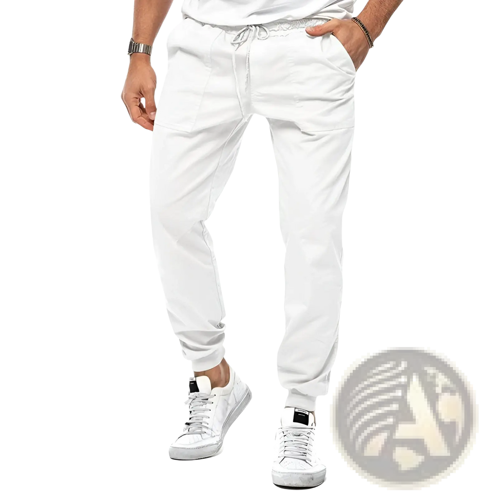 Men casual tapered joggers in white drawstring fabric with a relaxed fit and tapered cuffs for comfortable wear