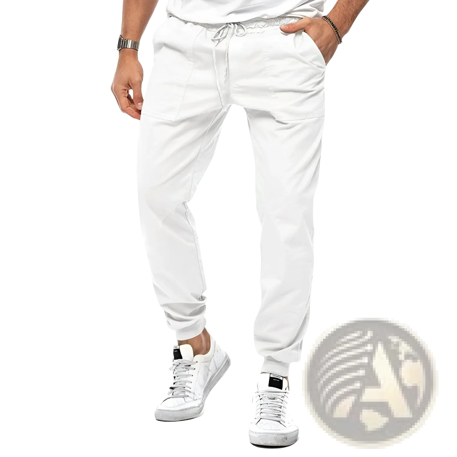 Men casual tapered joggers in white drawstring fabric with a relaxed fit and tapered cuffs for comfortable wear