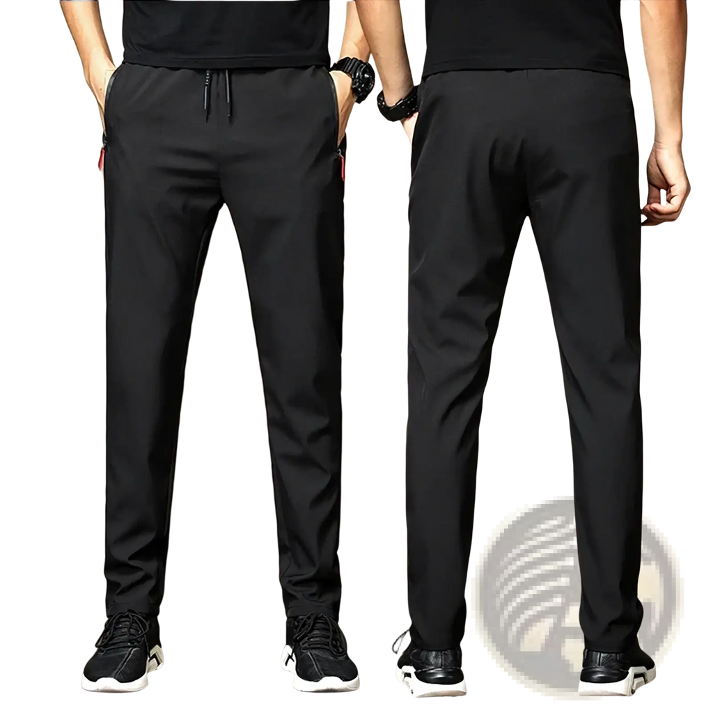 Men casual lightweight black athletic pants with drawstring waist and red zipper pulls on side pockets