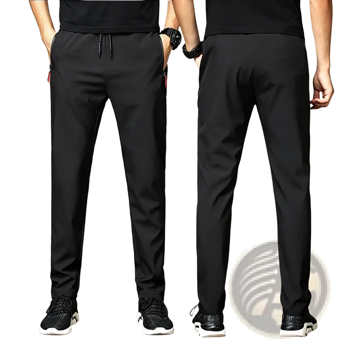 Men casual lightweight black athletic pants with drawstring waist and red zipper pulls on side pockets