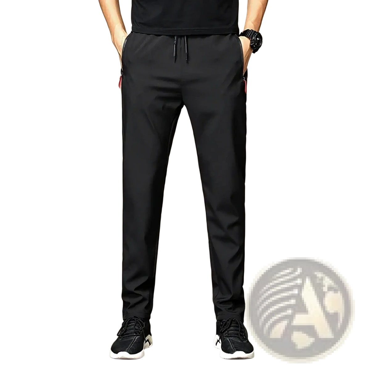 Men casual trousers lightweight black athletic pants with red zipper pulls and drawstring waistband slim fit
